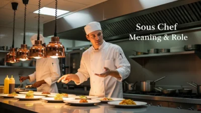 Sous chef supervising kitchen staff and managing food preparation in a professional restaurant